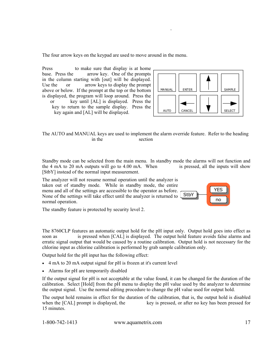 Arrow keys, Auto and manual keys, Standby mode | Output hold | Metex 8760CLP Total Free Chlorine & pH Analyzer User Manual | Page 17 / 71