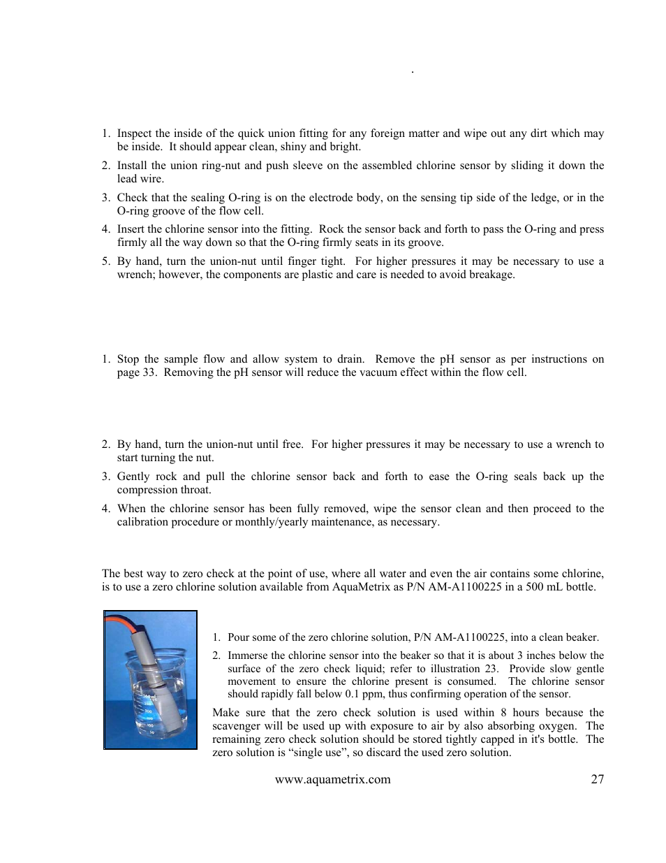 Inserting chlorine sensor in the flow fitting, Removing chlorine sensor from flow fitting, Zero test technique | Metex 8760CLP Total Free Chlorine & pH Analyzer User Manual | Page 27 / 71