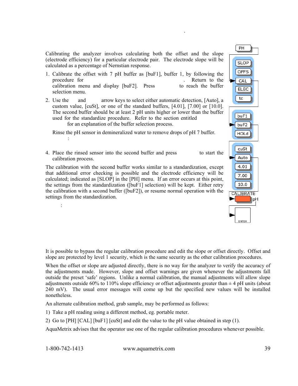 Calibrating – two-buffer calibration, Manual adjustment of offset and slope | Metex 8760CLP Total Free Chlorine & pH Analyzer User Manual | Page 39 / 71