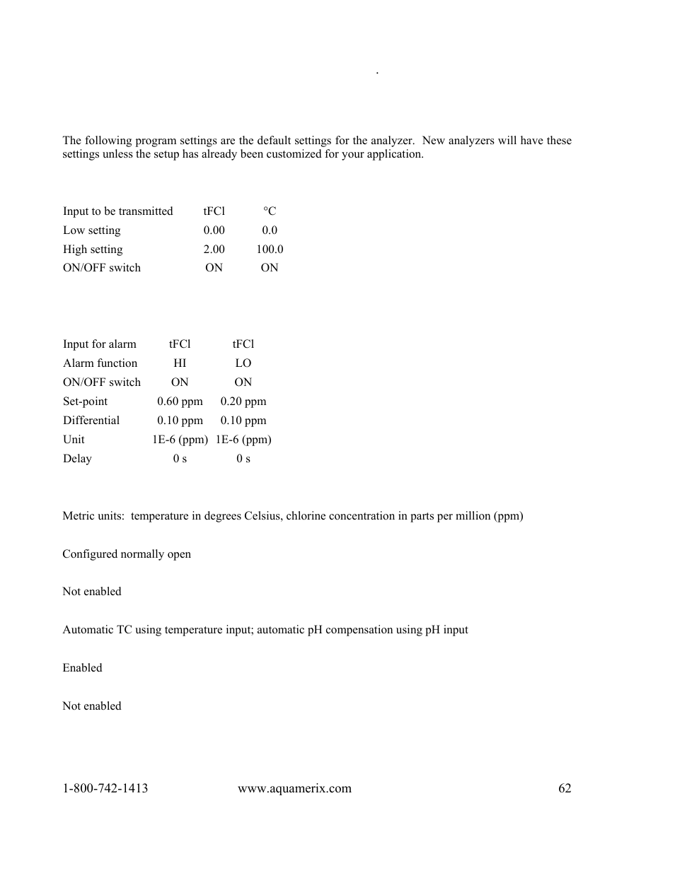 Appendix b — default settings | Metex 8760CLP Total Free Chlorine & pH Analyzer User Manual | Page 62 / 71