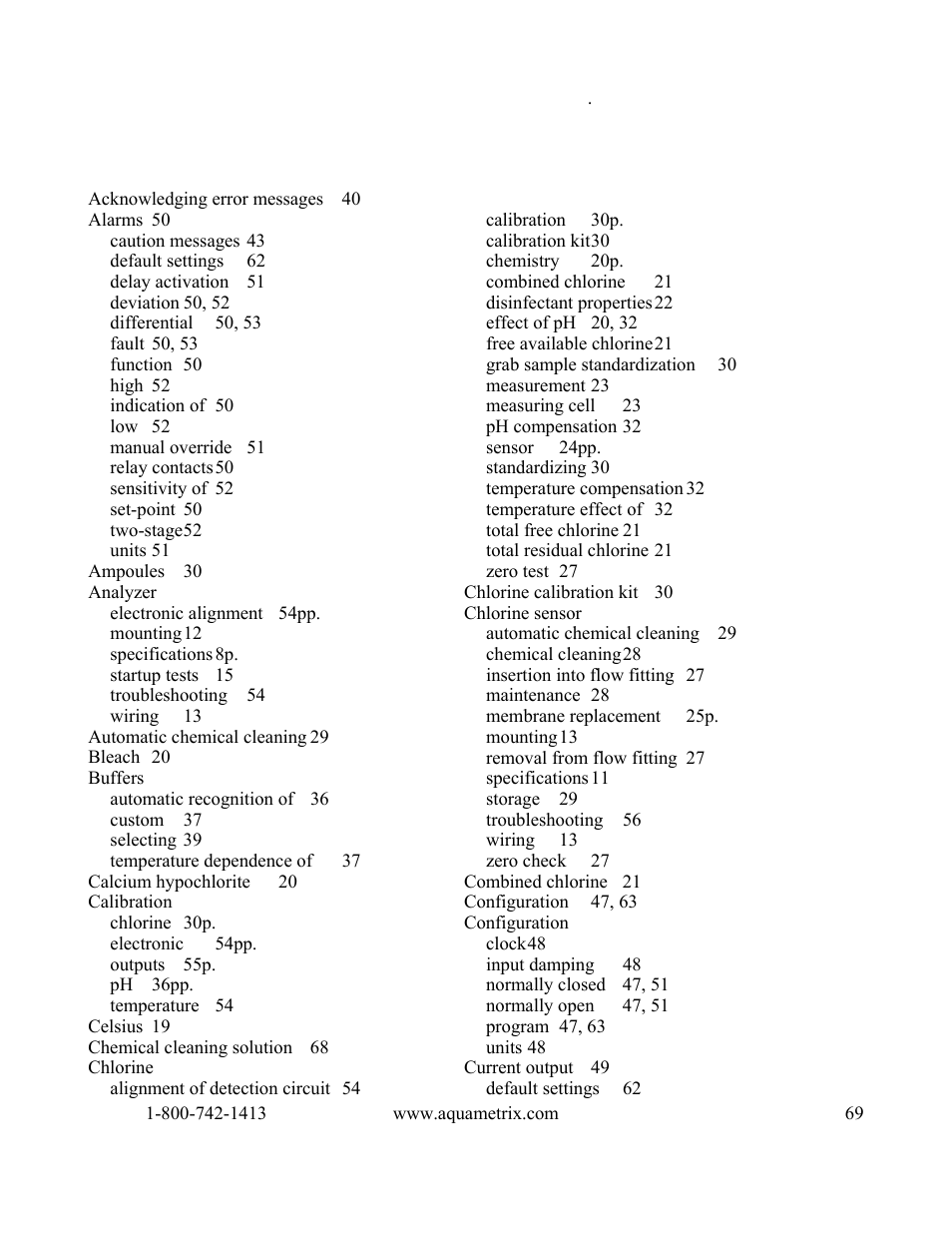 Index | Metex 8760CLP Total Free Chlorine & pH Analyzer User Manual | Page 69 / 71