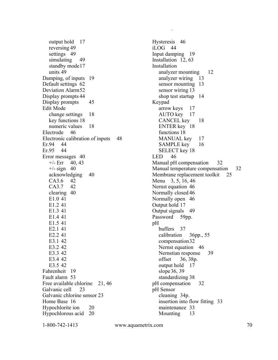 Metex 8760CLP Total Free Chlorine & pH Analyzer User Manual | Page 70 / 71