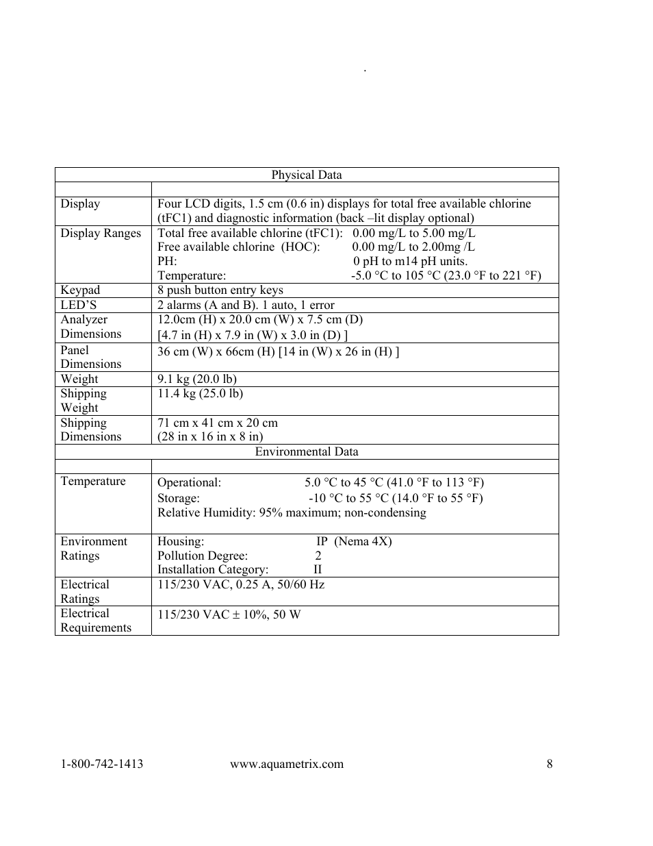 Metex 8760CLP Total Free Chlorine & pH Analyzer User Manual | Page 8 / 71