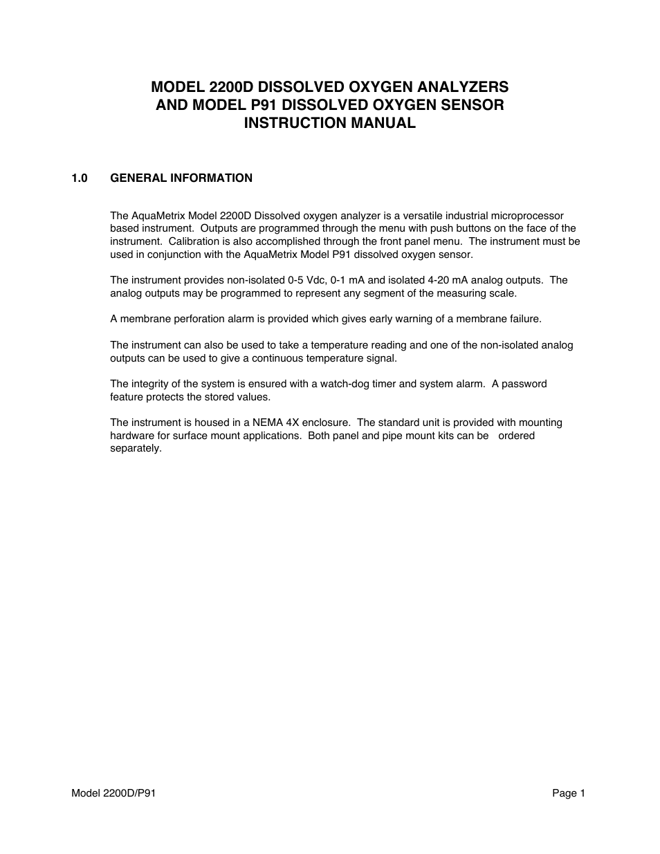 Metex 2200D/P91 Dissolved Oxygen Controller/Analyzer User Manual | Page 3 / 27