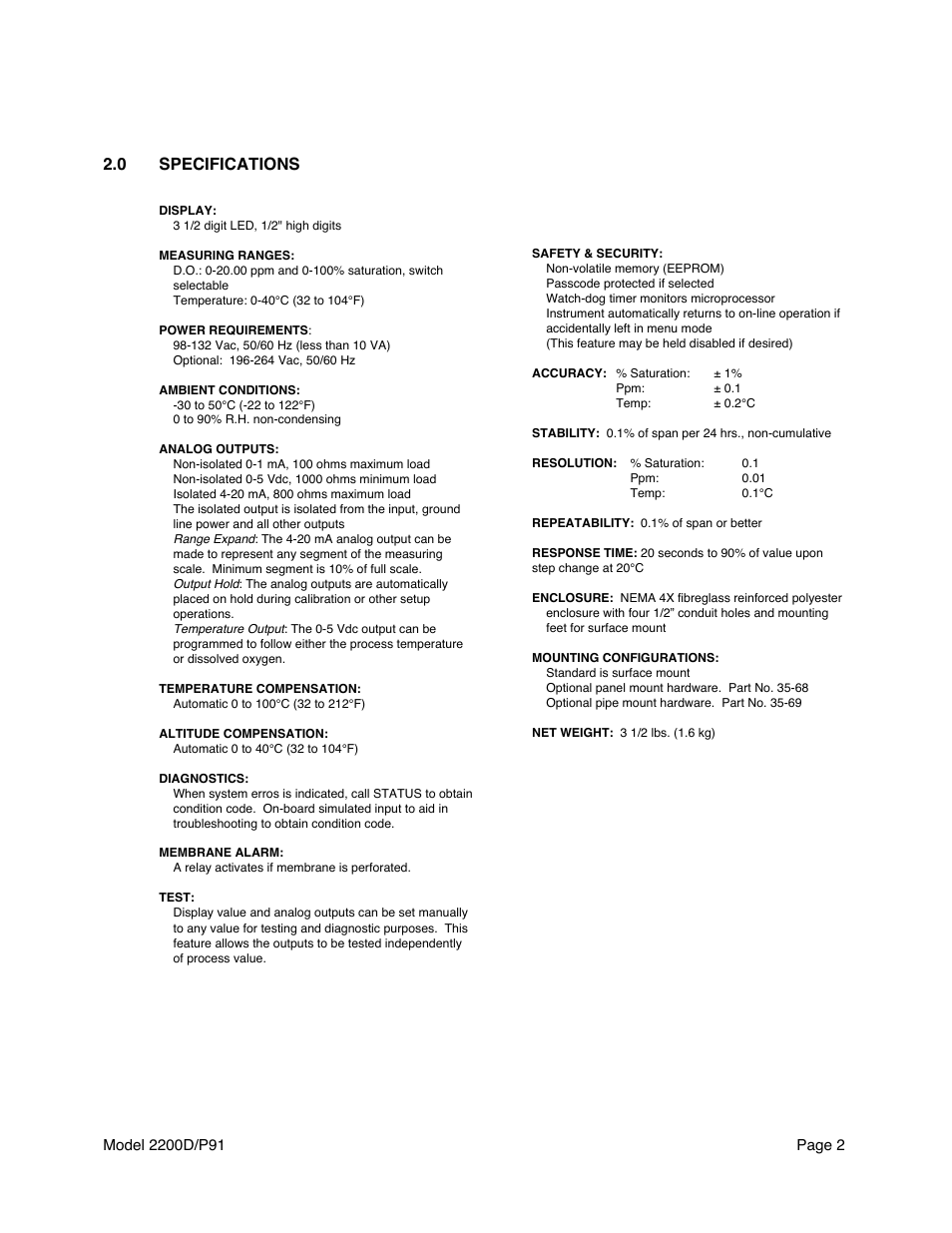 0 specifications | Metex 2200D/P91 Dissolved Oxygen Controller/Analyzer User Manual | Page 4 / 27