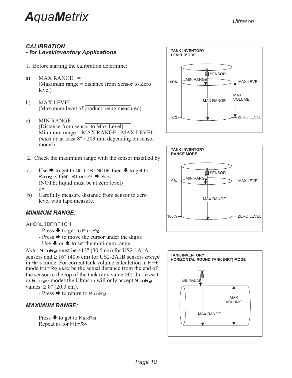 Calibration - for level 10, A qua m etrix | Metex 3200U Ultrasonic Flow & Level Monitor User Manual | Page 10 / 48
