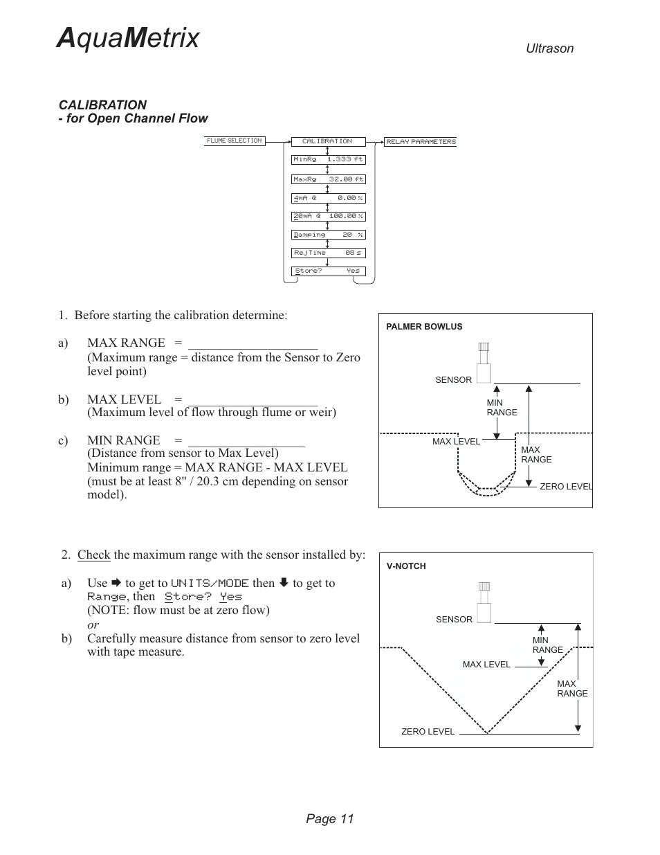 Calibration - for open channel flow 11, A qua m etrix, Then è to get to | Then, Ultrason page 11 | Metex 3200U Ultrasonic Flow & Level Monitor User Manual | Page 11 / 48