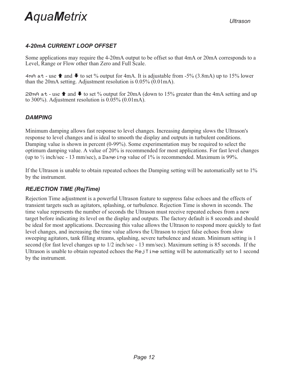 20ma current loop offset 12, Rejection time 12, A qua m etrix | Metex 3200U Ultrasonic Flow & Level Monitor User Manual | Page 12 / 48