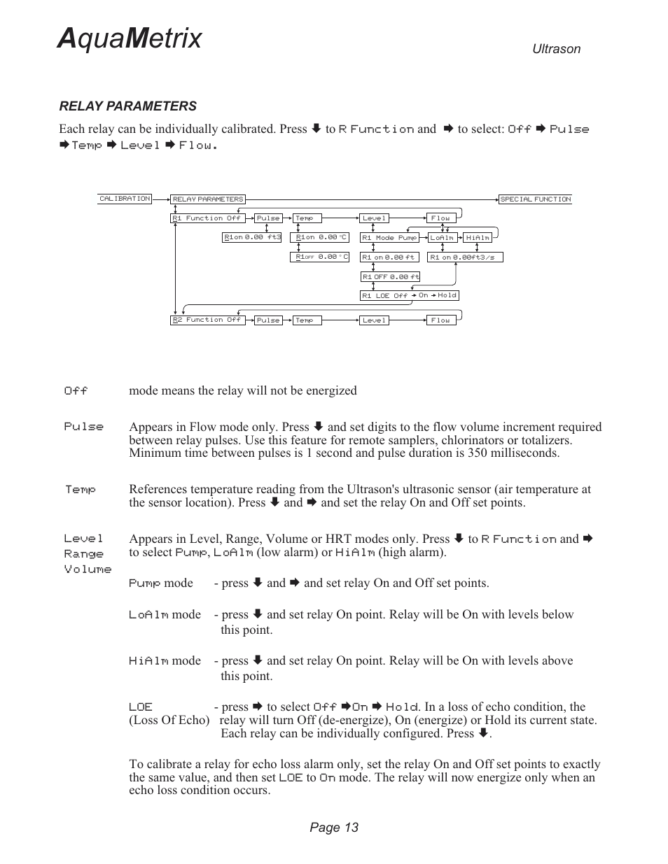 Relay parameters 13, A qua m etrix | Metex 3200U Ultrasonic Flow & Level Monitor User Manual | Page 13 / 48