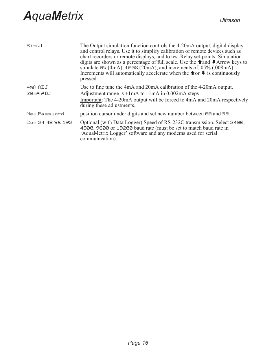 A qua m etrix | Metex 3200U Ultrasonic Flow & Level Monitor User Manual | Page 16 / 48