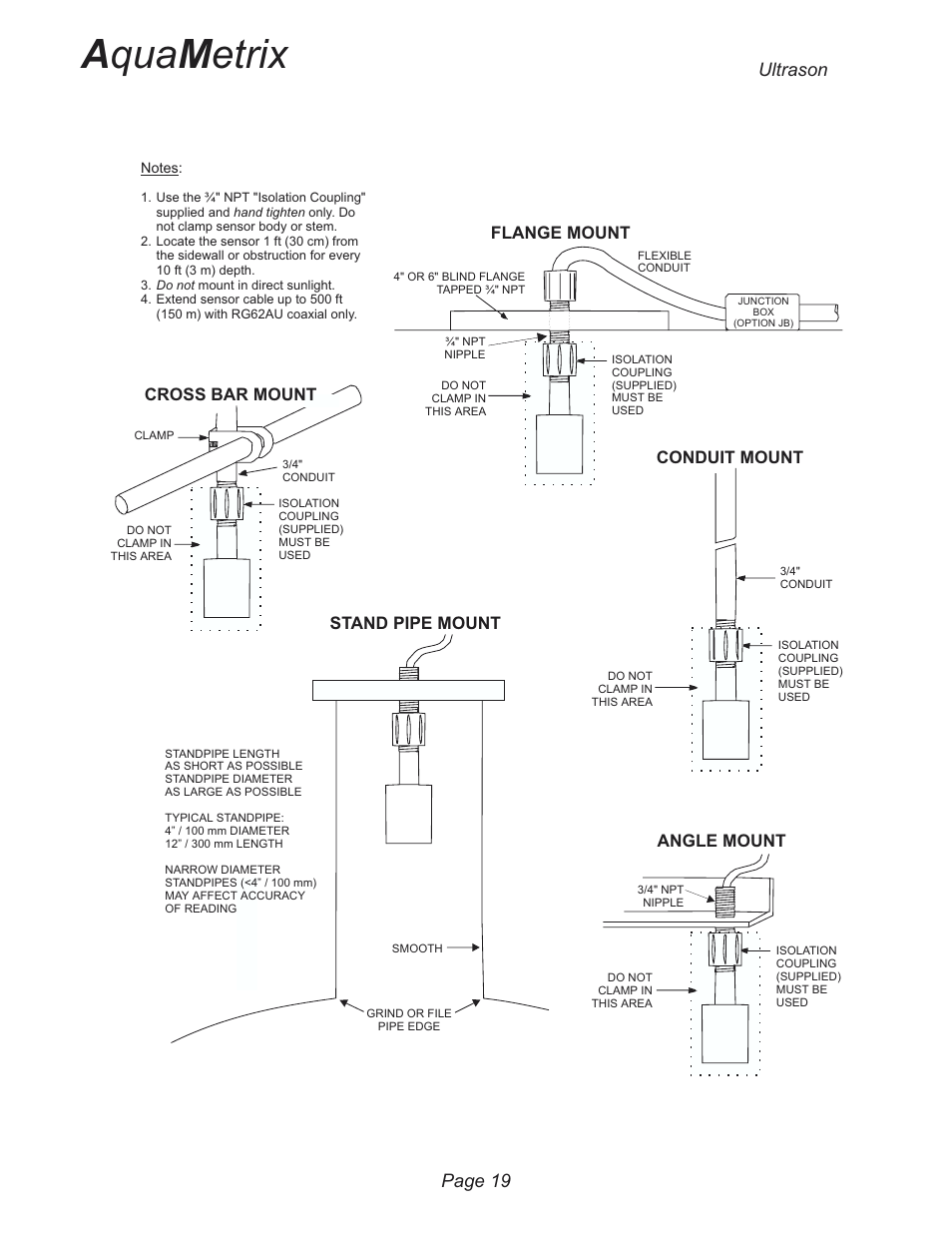 A qua m etrix, Ultrason page 19, Flange mount | Cross bar mount, Angle mount, Conduit mount, Stand pipe mount | Metex 3200U Ultrasonic Flow & Level Monitor User Manual | Page 19 / 48