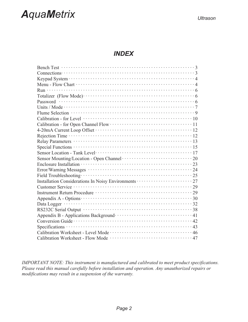 Index, A qua m etrix | Metex 3200U Ultrasonic Flow & Level Monitor User Manual | Page 2 / 48