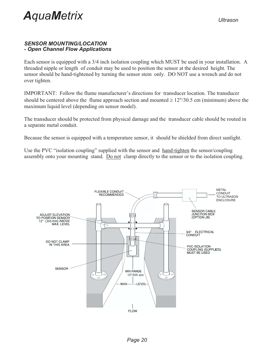 Sensor mounting/location - open channel 20, A qua m etrix | Metex 3200U Ultrasonic Flow & Level Monitor User Manual | Page 20 / 48