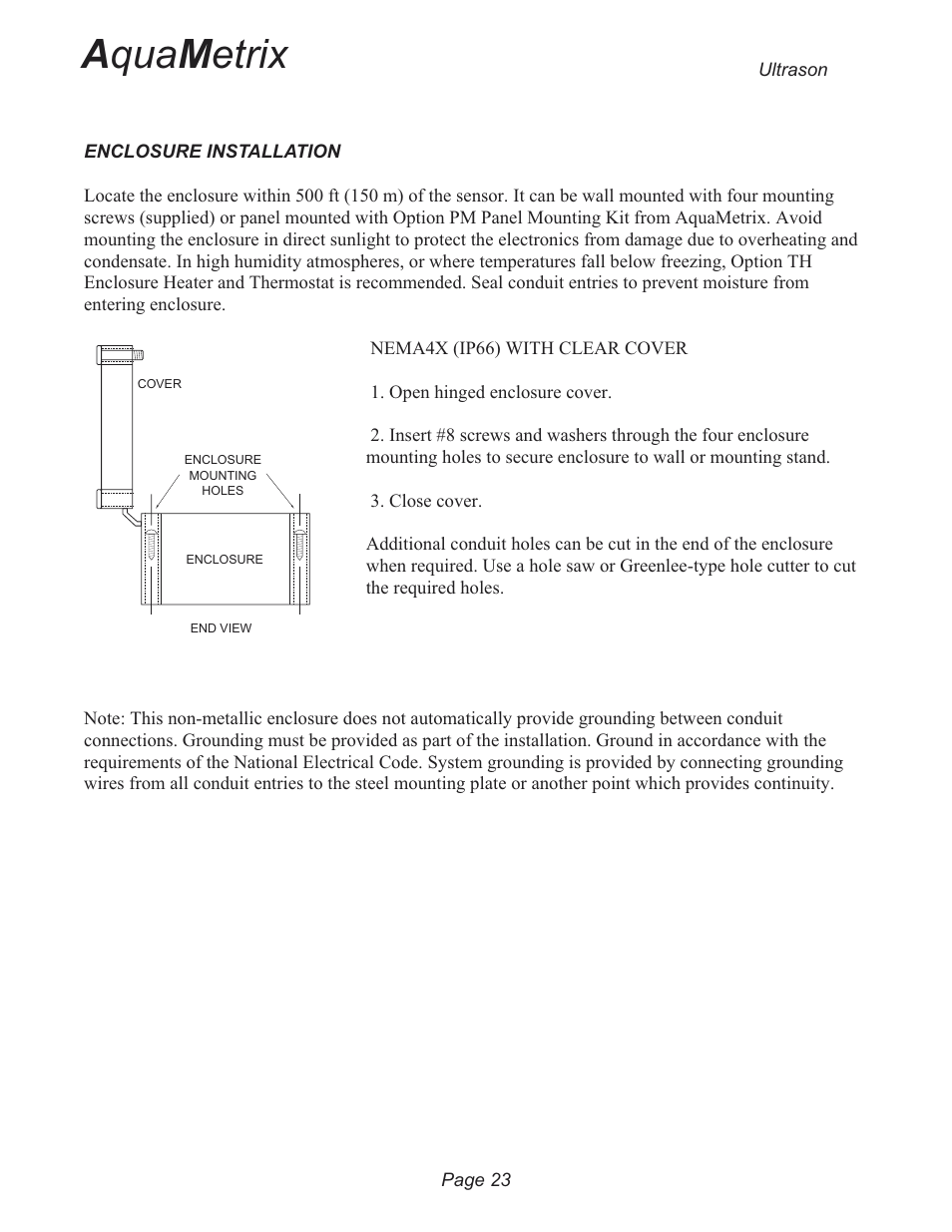 Enclosure installation 23, A qua m etrix | Metex 3200U Ultrasonic Flow & Level Monitor User Manual | Page 23 / 48