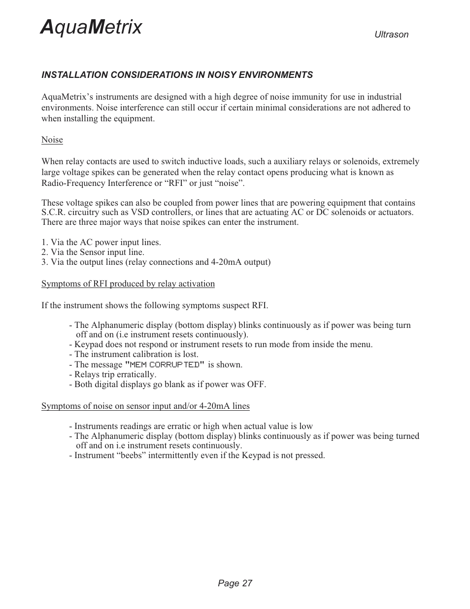 A qua m etrix | Metex 3200U Ultrasonic Flow & Level Monitor User Manual | Page 27 / 48