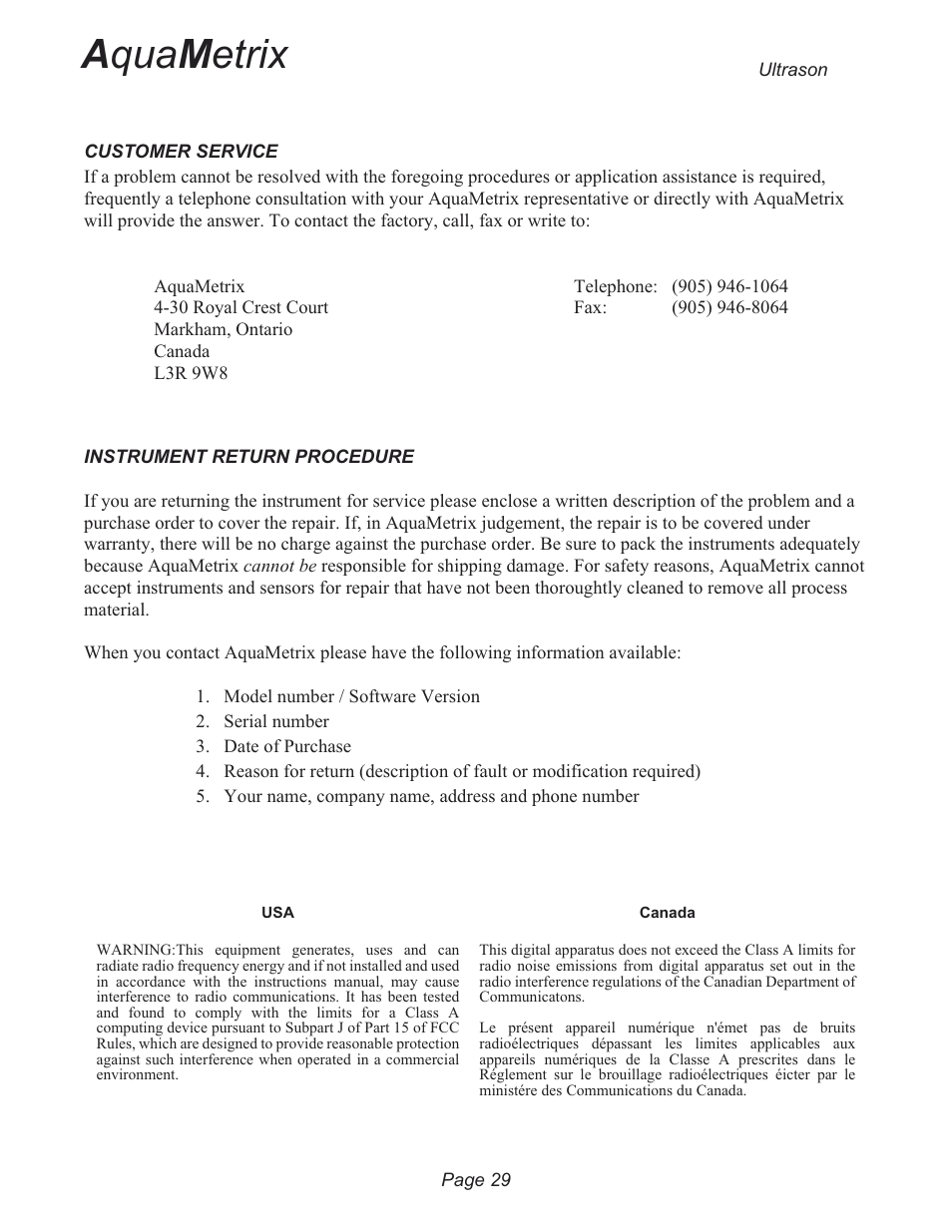 Customer service 29, Instrument return procedure 29, A qua m etrix | Metex 3200U Ultrasonic Flow & Level Monitor User Manual | Page 29 / 48
