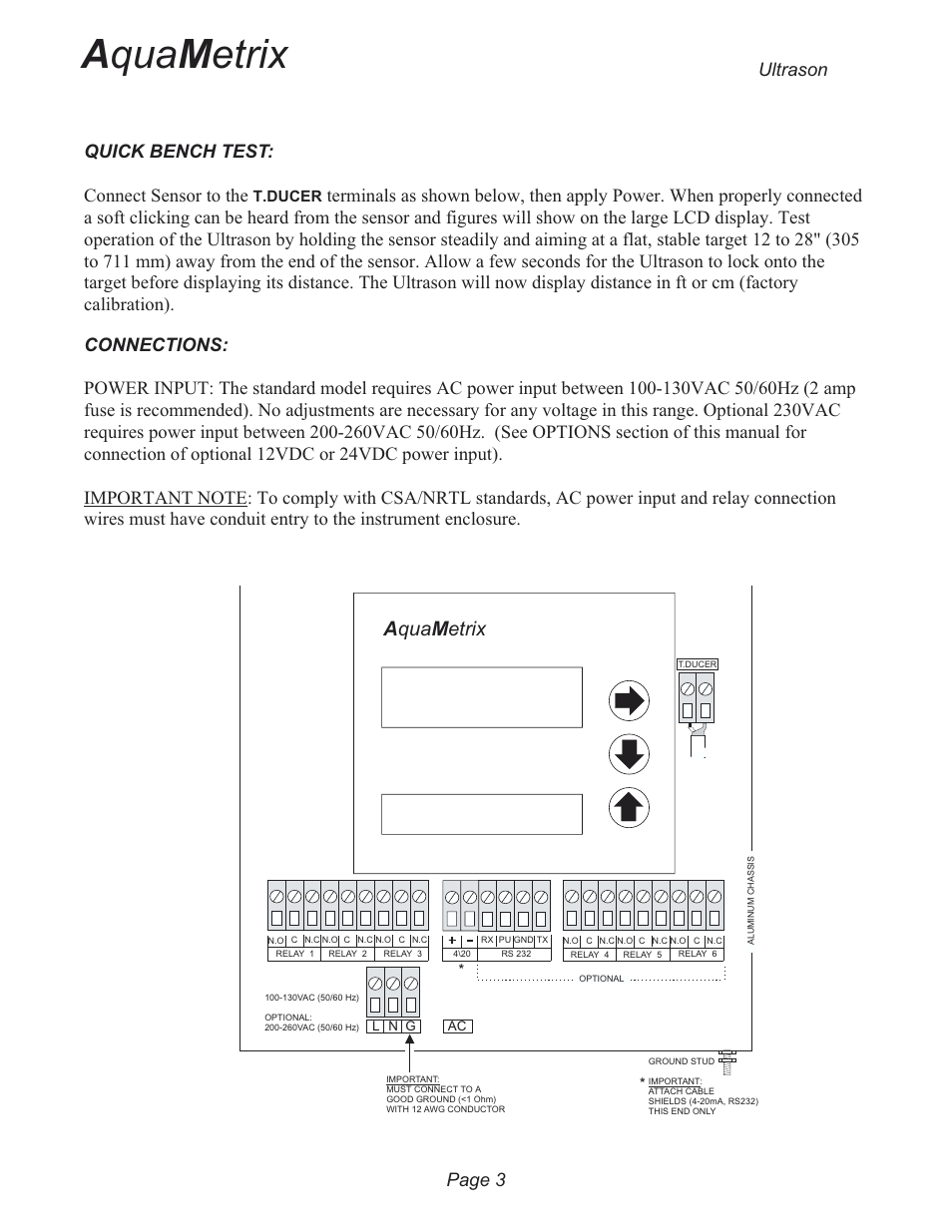 Bench test 3, Connections 3, A qua m etrix | Am qua etrix, Quick bench test: connect sensor to the, Ultrason page 3 | Metex 3200U Ultrasonic Flow & Level Monitor User Manual | Page 3 / 48