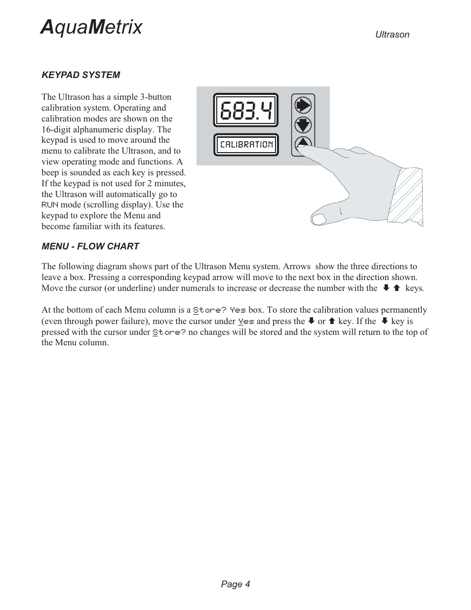 Keypad system 4, Menu - flow chart 4, A qua m etrix | Metex 3200U Ultrasonic Flow & Level Monitor User Manual | Page 4 / 48