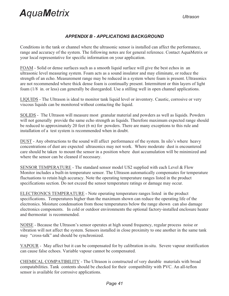 Appendix b - applications background 41, A qua m etrix | Metex 3200U Ultrasonic Flow & Level Monitor User Manual | Page 41 / 48