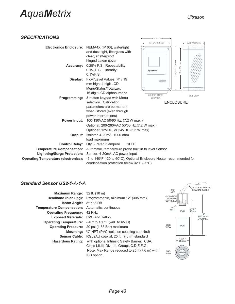 Specifications 43, A qua m etrix, Specifications | Standard sensor us2-1-a-1-a, Ultrason page 43 | Metex 3200U Ultrasonic Flow & Level Monitor User Manual | Page 43 / 48