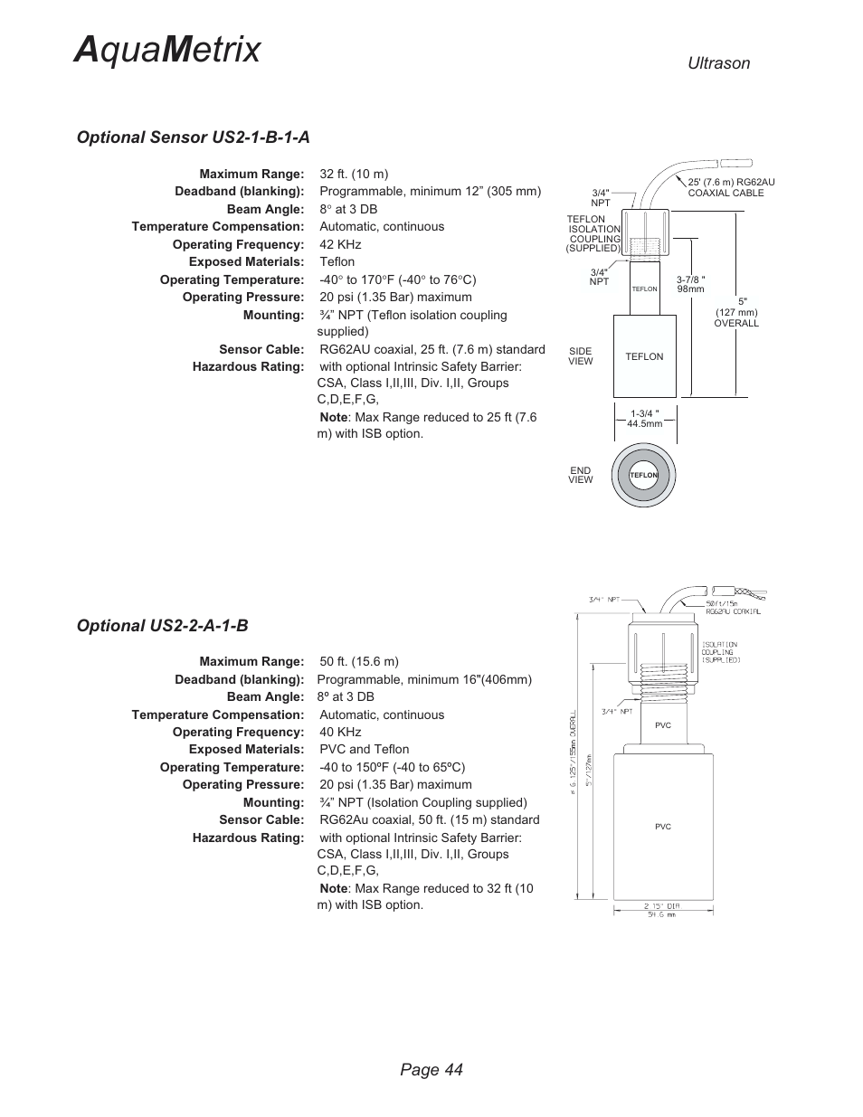 A qua m etrix, Optional sensor us2-1-b-1-a, Optional us2-2-a-1-b | Page 44, Ultrason | Metex 3200U Ultrasonic Flow & Level Monitor User Manual | Page 44 / 48