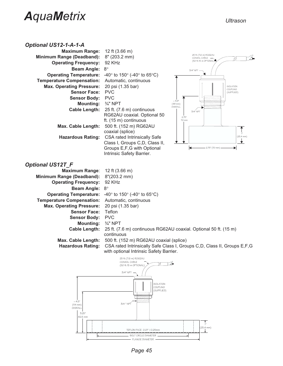 A qua m etrix, Optional us12-1-a-1-a, Optional us12t_f | Ultrason page 45 | Metex 3200U Ultrasonic Flow & Level Monitor User Manual | Page 45 / 48