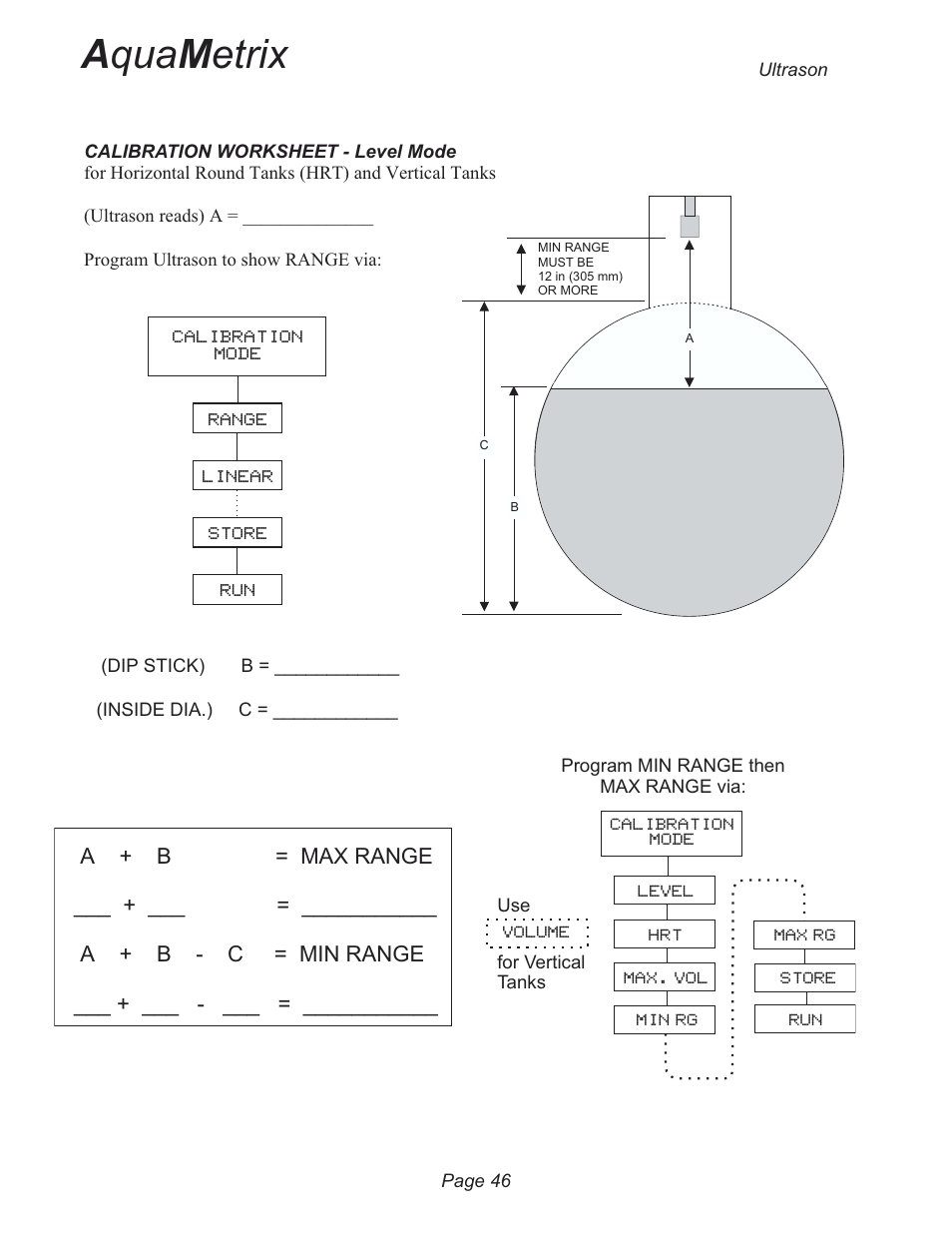 Calibration worksheet - level mode 46, A qua m etrix | Metex 3200U Ultrasonic Flow & Level Monitor User Manual | Page 46 / 48