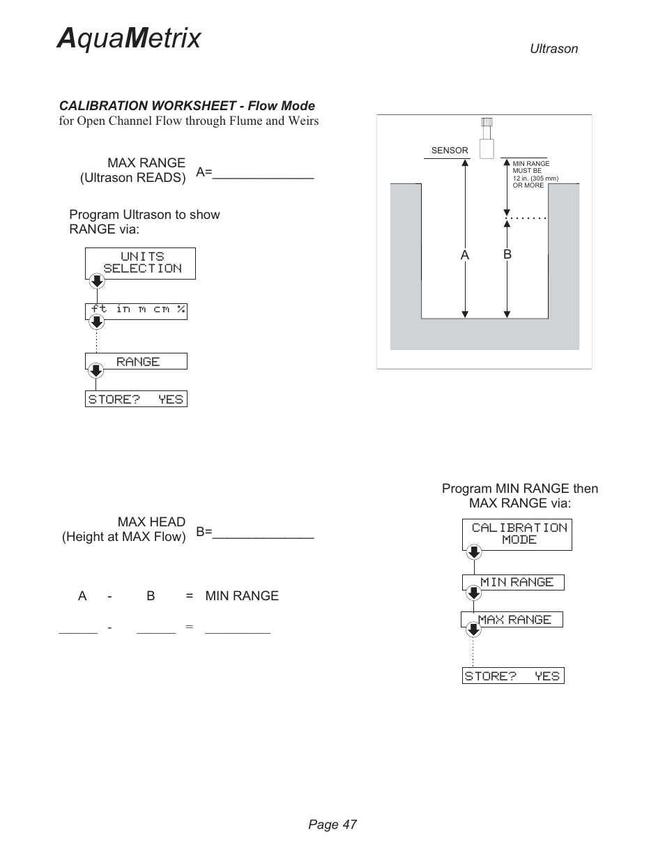 Calibration worksheet - flow mode 47, A qua m etrix | Metex 3200U Ultrasonic Flow & Level Monitor User Manual | Page 47 / 48