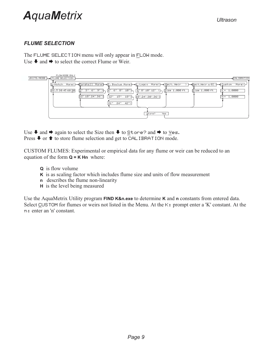 Flume selection 9, A qua m etrix, Flume selection the | Menu will only appear in, And æ to, Press è or ç to store flume selection and get to, Where, Is flow volume, Describes the flume non-linearity, Constants from entered data. select | Metex 3200U Ultrasonic Flow & Level Monitor User Manual | Page 9 / 48