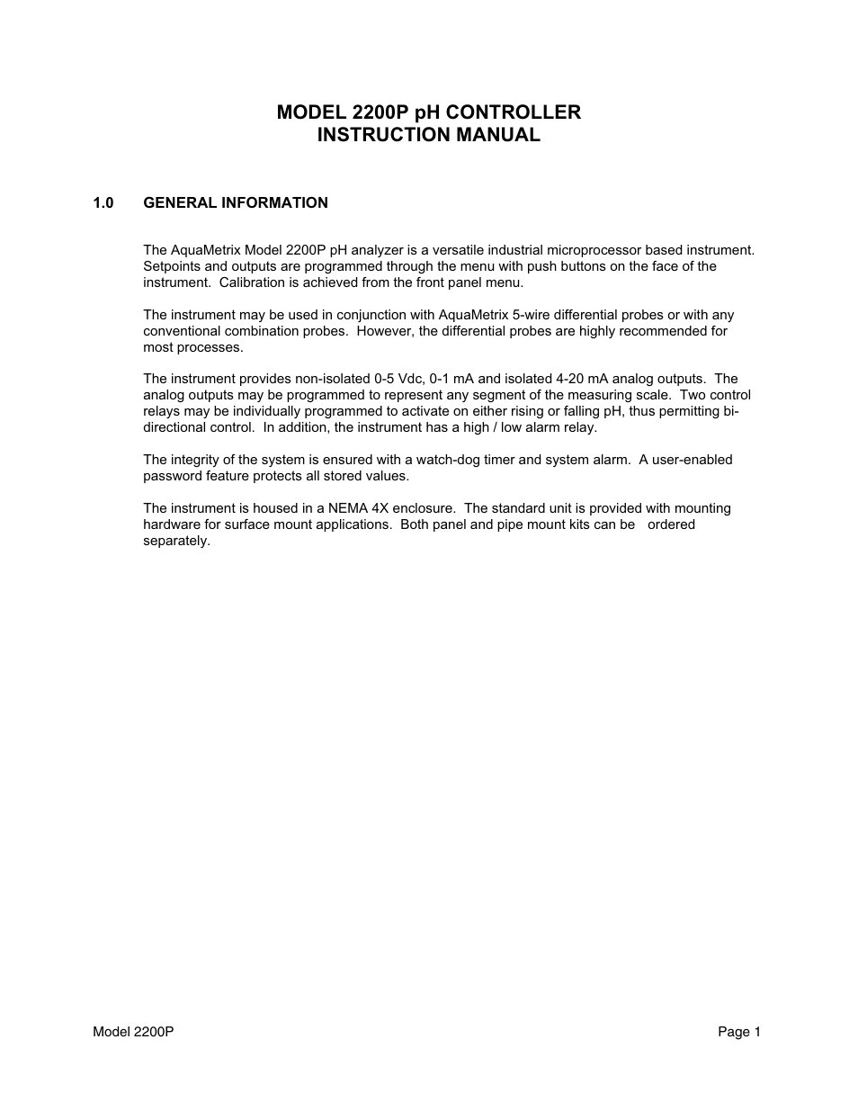 Model 2200p ph controller instruction manual | Metex 2200P pH Analyzer/Controller User Manual | Page 3 / 34