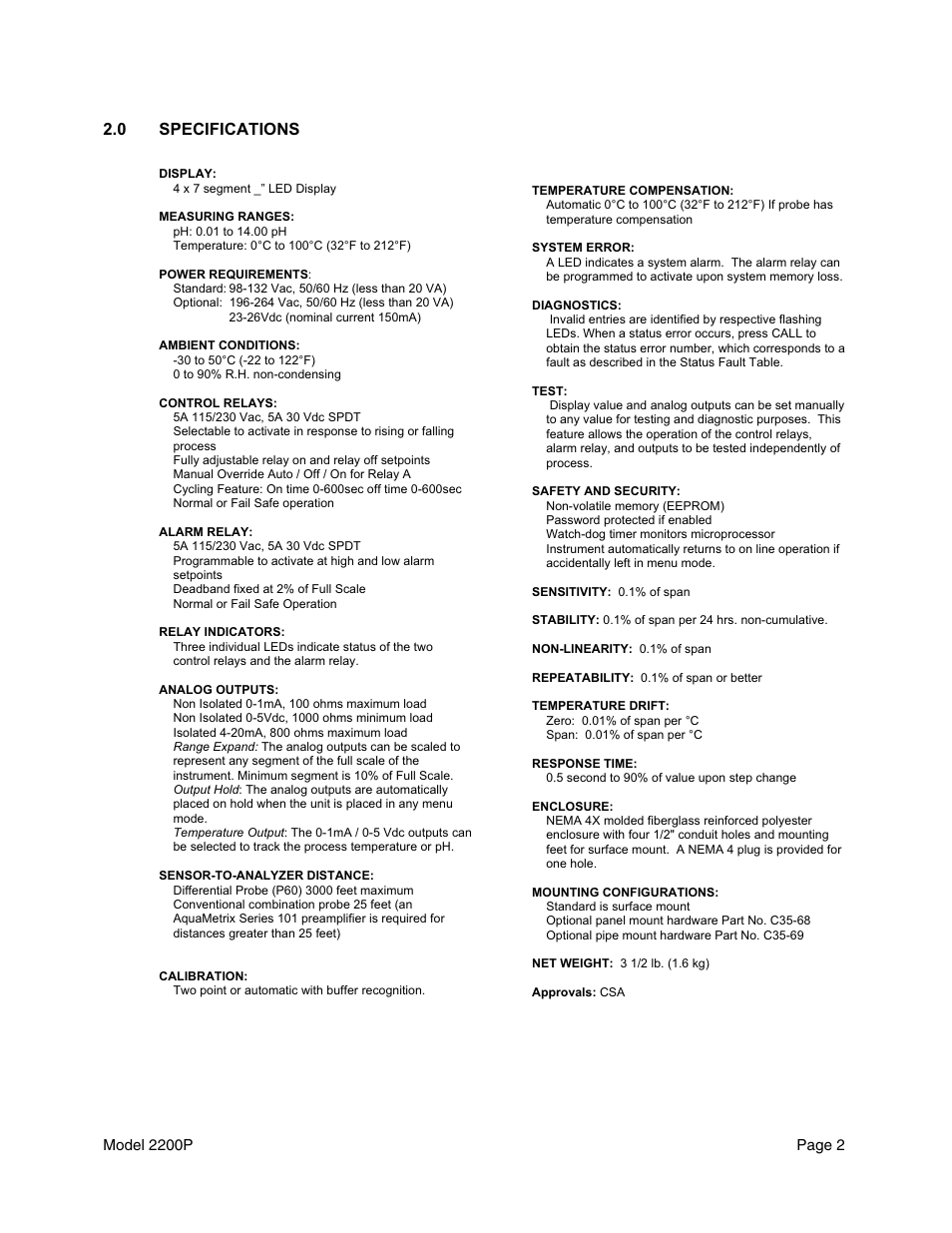 0 specifications | Metex 2200P pH Analyzer/Controller User Manual | Page 4 / 34