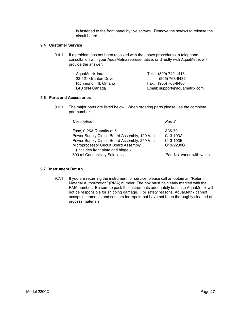 Metex 2200C Conductivity Analyzer/Controller User Manual | Page 29 / 30