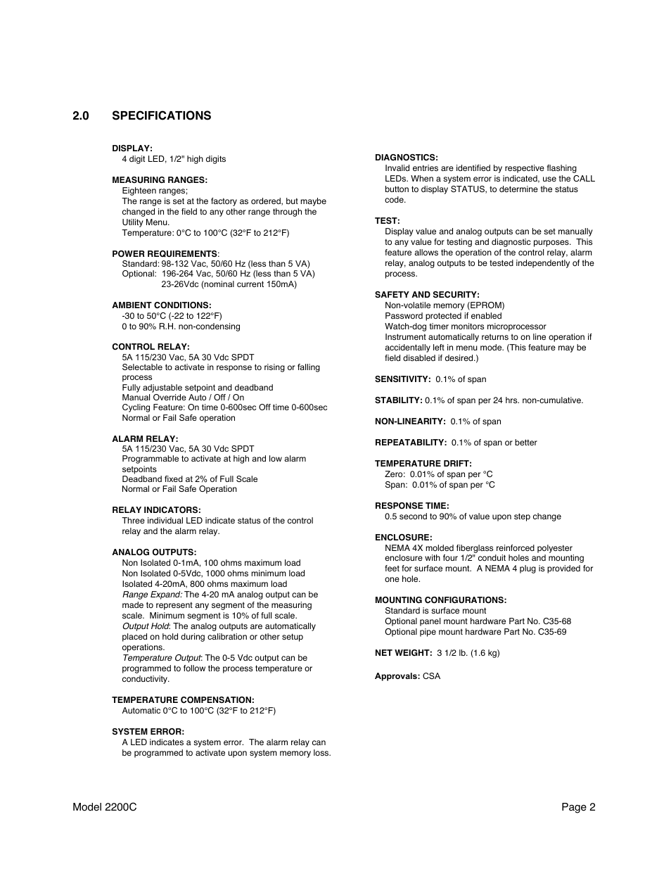 0 specifications | Metex 2200C Conductivity Analyzer/Controller User Manual | Page 4 / 30
