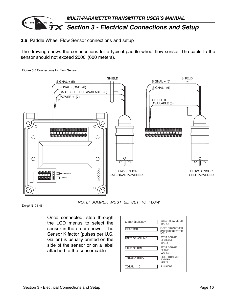 Multi-parameter transmitter user’s manual, 6 paddle wheel flow sensor connections and setup | Metex SharkTX Multi-Parameter Transmitters User Manual | Page 12 / 82