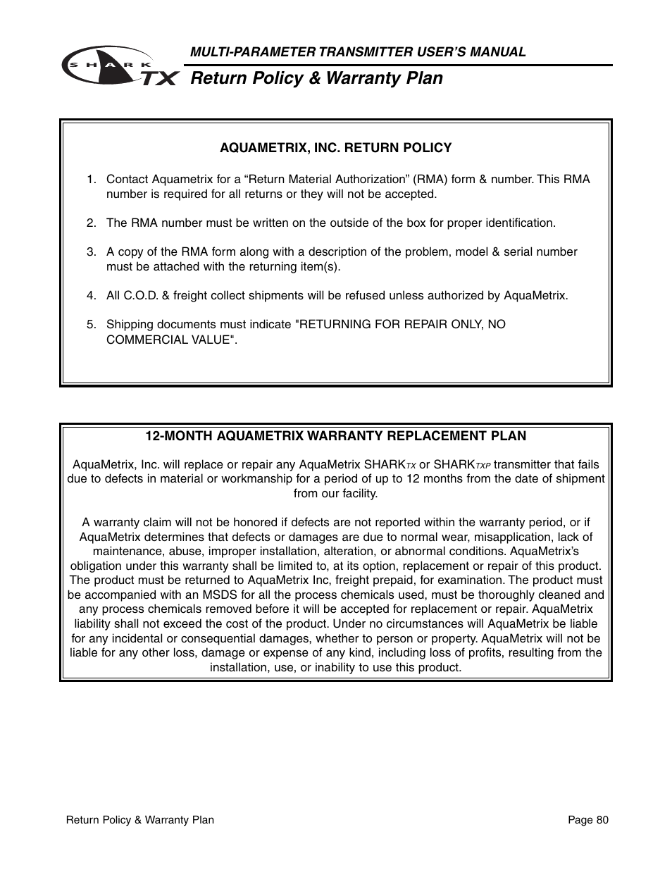 Return policy & warranty plan | Metex SharkTX Multi-Parameter Transmitters User Manual | Page 82 / 82