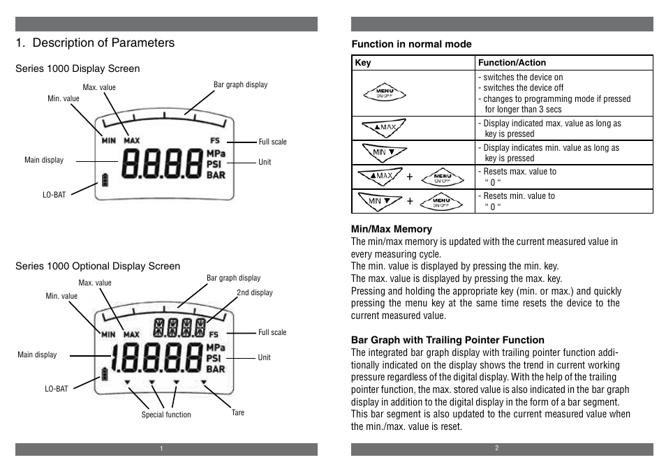 Description of parameters | NOSHOK 1000 Series Digital Pressure Gauges User Manual | Page 2 / 6