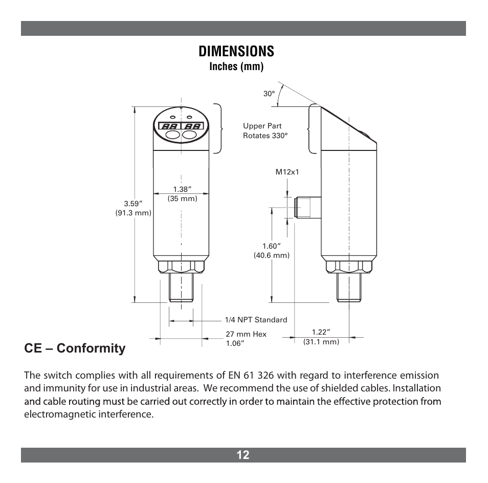 Dimensions, Ce – conformity | NOSHOK 800 Series Electronic Indicating Pressure Transmitter/Switch User Manual | Page 13 / 16