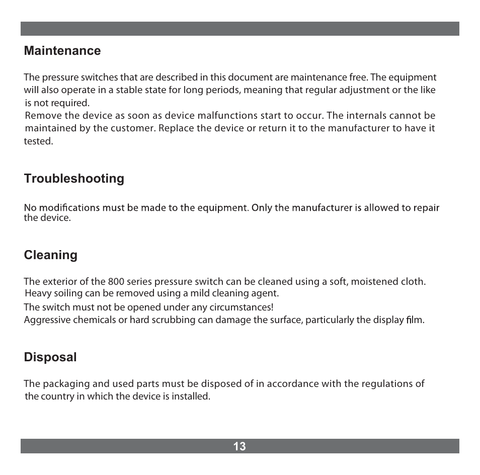 Maintenance, Troubleshooting, Cleaning | Disposal | NOSHOK 800 Series Electronic Indicating Pressure Transmitter/Switch User Manual | Page 14 / 16