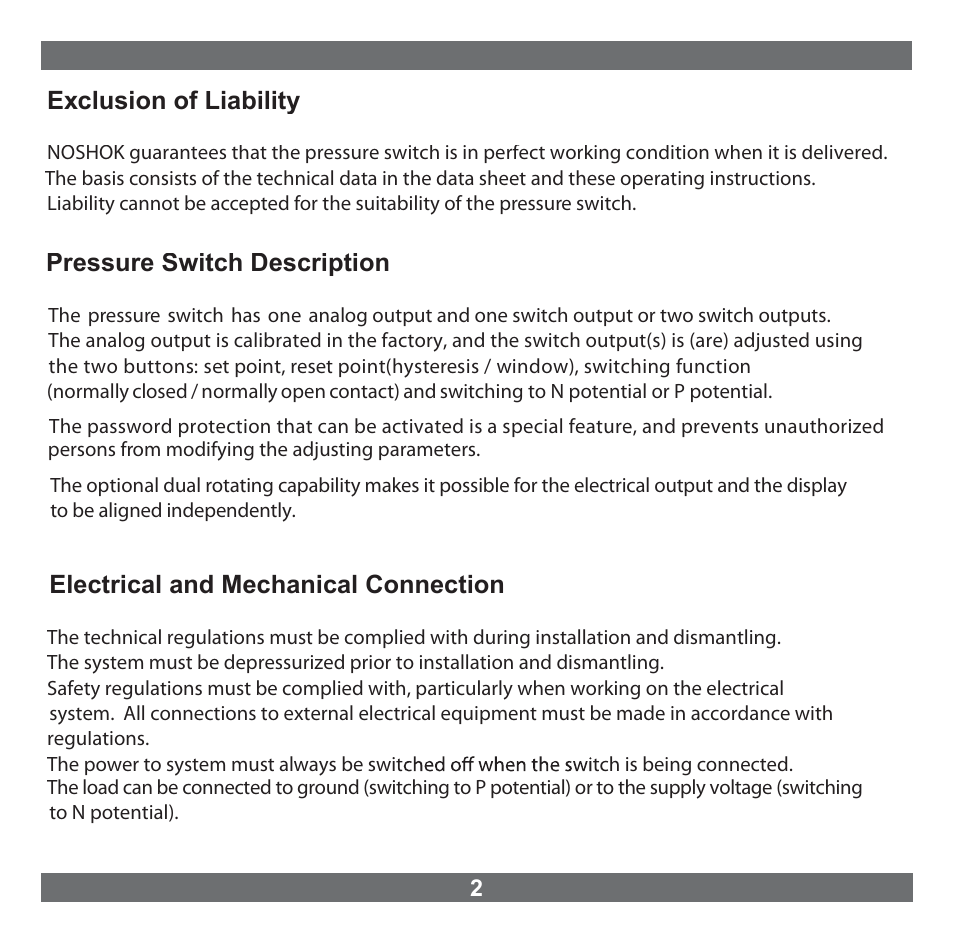 Exclusion of liability, Pressure switch description, Electrical and mechanical connection | NOSHOK 800 Series Electronic Indicating Pressure Transmitter/Switch User Manual | Page 3 / 16