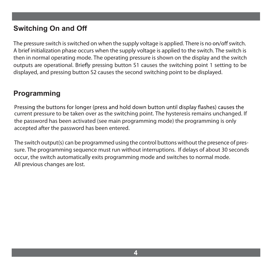 Switching on and off, Programming | NOSHOK 800 Series Electronic Indicating Pressure Transmitter/Switch User Manual | Page 5 / 16