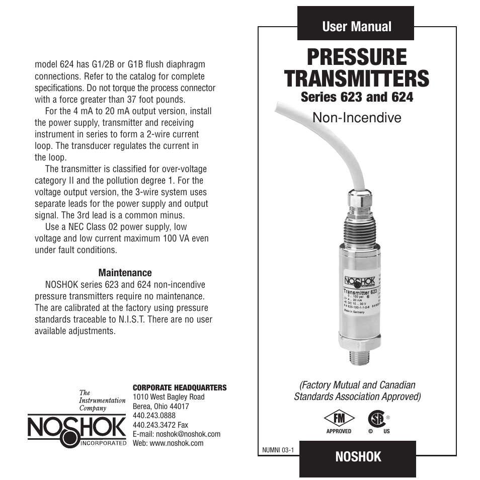 NOSHOK 624 Series Pressure Transmitters User Manual | 2 pages