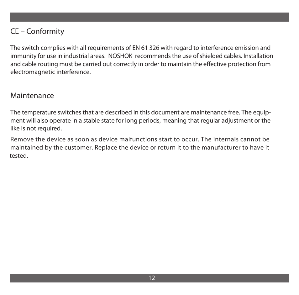 Ce – conformity, Maintenance | NOSHOK 850 Series Electronic Temperature Switch User Manual | Page 13 / 16