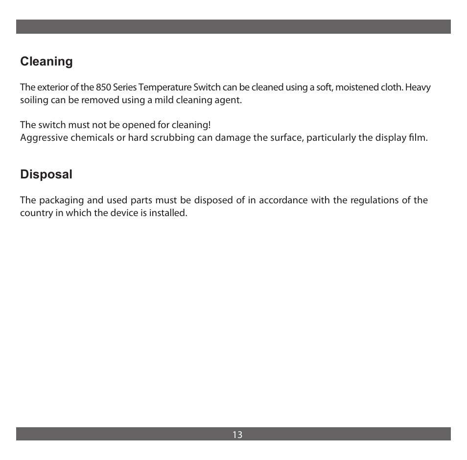 Cleaning, Disposal | NOSHOK 850 Series Electronic Temperature Switch User Manual | Page 14 / 16