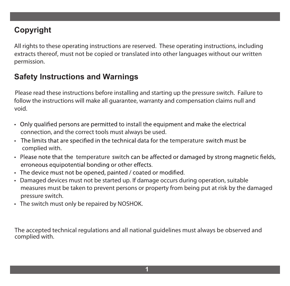 Copyright, Safety instructions and warnings | NOSHOK 850 Series Electronic Temperature Switch User Manual | Page 2 / 16