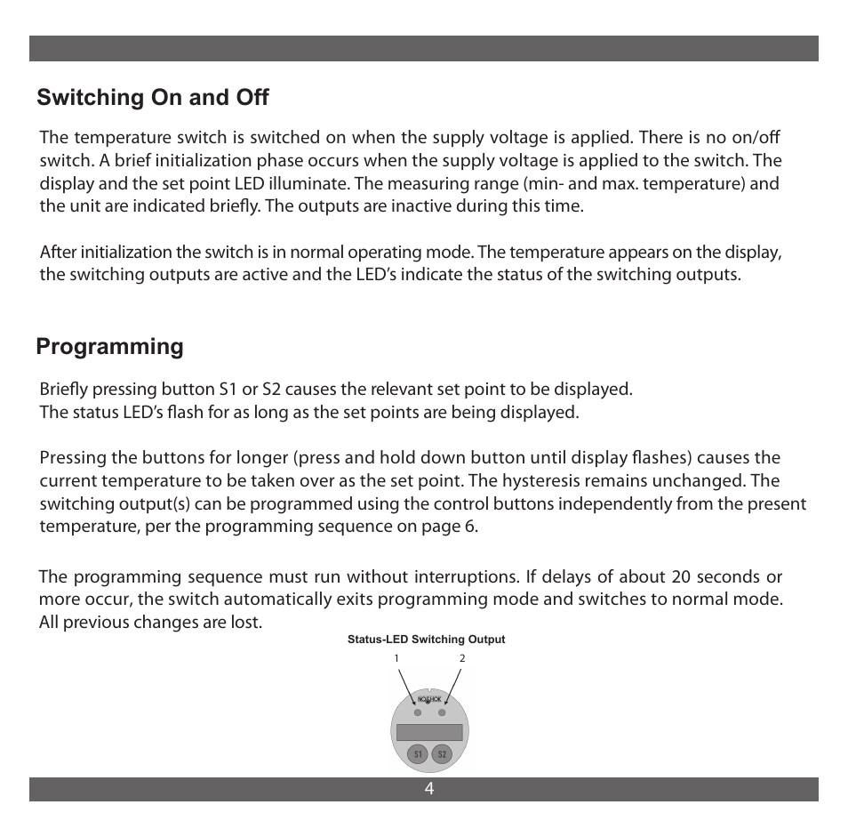 Switching on and off programming | NOSHOK 850 Series Electronic Temperature Switch User Manual | Page 5 / 16