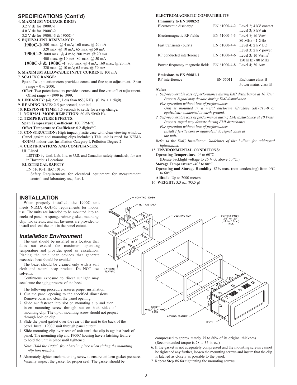 Installation, Installation environment, Specifications (cont’d) | NOSHOK 1900 Series Current Loop Powered Process Indicators User Manual | Page 2 / 4