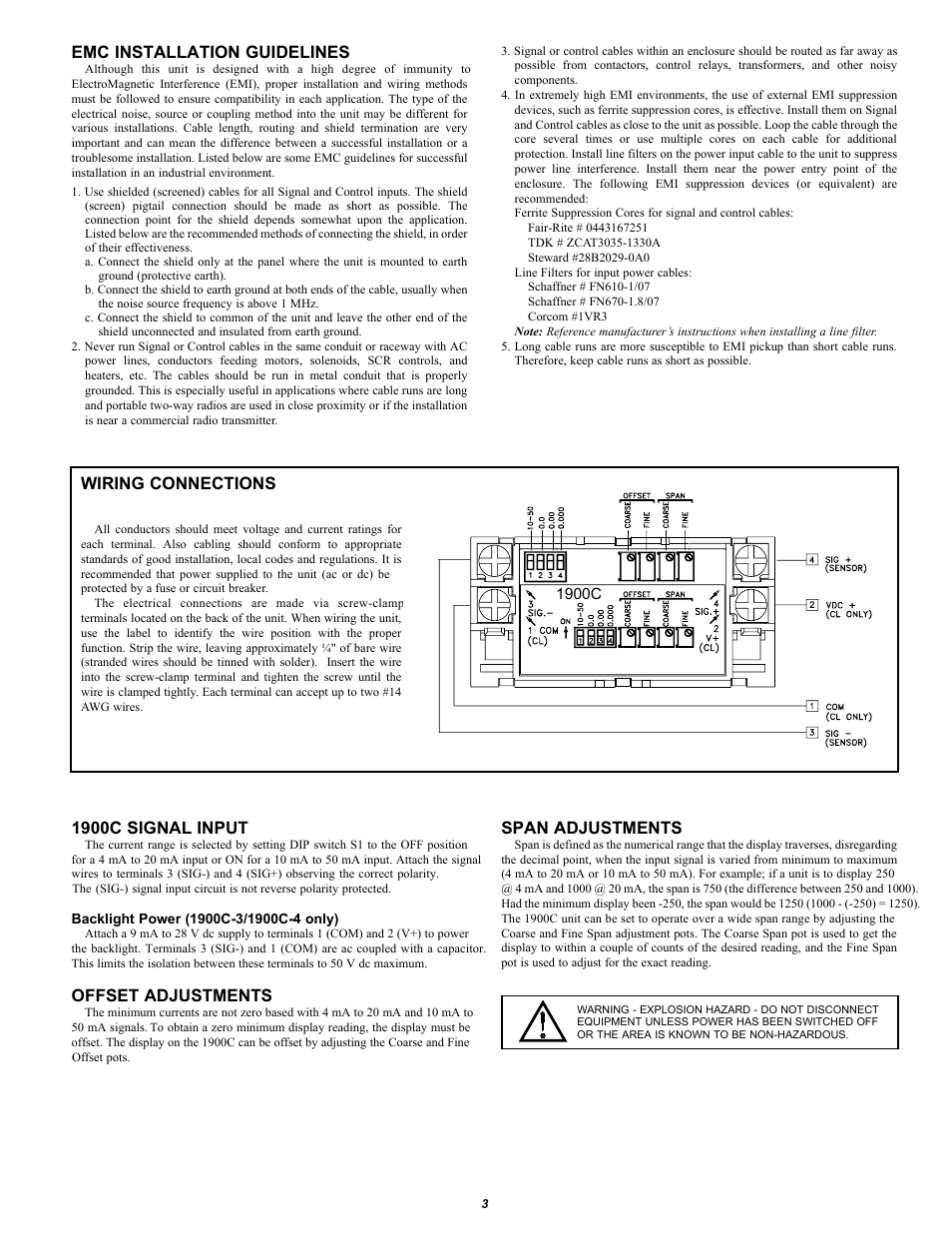 Wiring connections, Emc installation guidelines, 1900c signal input | Offset adjustments, Span adjustments | NOSHOK 1900 Series Current Loop Powered Process Indicators User Manual | Page 3 / 4