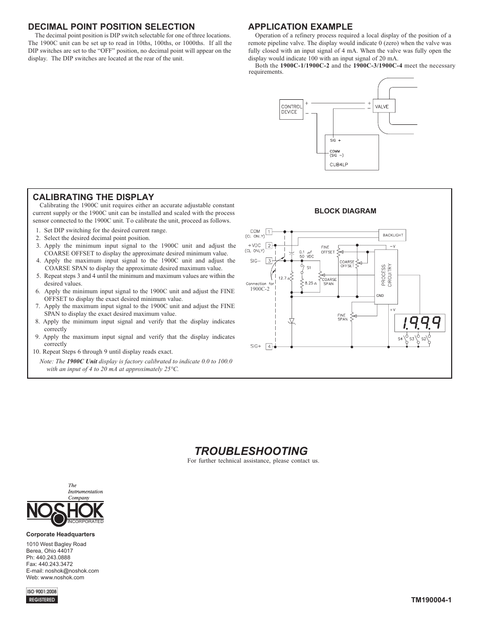 Troubleshooting, Calibrating the display, Decimal point position selection | Application example | NOSHOK 1900 Series Current Loop Powered Process Indicators User Manual | Page 4 / 4