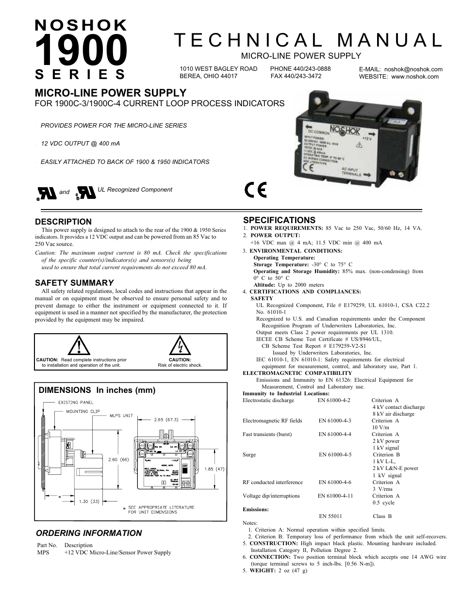 NOSHOK 1900 Series Micro-Line Power Supply User Manual | 2 pages