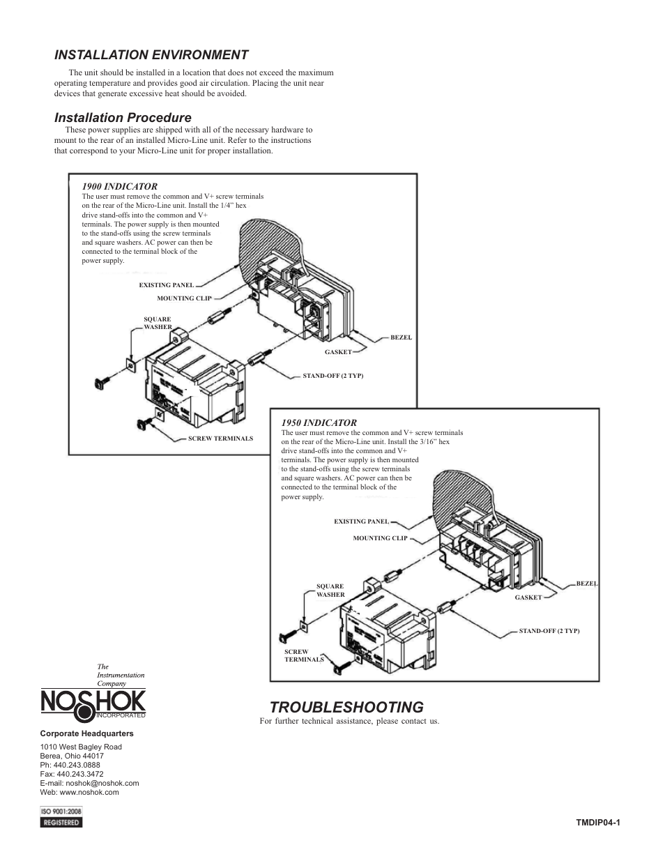 Troubleshooting, Installation environment, Installation procedure | NOSHOK 1900 Series Micro-Line Power Supply User Manual | Page 2 / 2